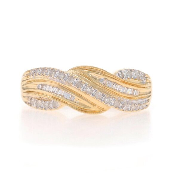 Yellow Gold Diamond Crossover Band - 14k Single and Baguette .15ctw Ring